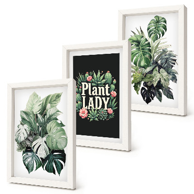 Triptych v ráme Tropické rastliny s nápisom Plant Lady v zelenej farbe