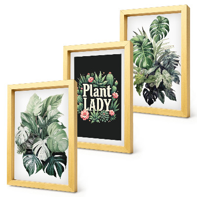 Triptych v ráme Tropické rastliny s nápisom Plant Lady v zelenej farbe