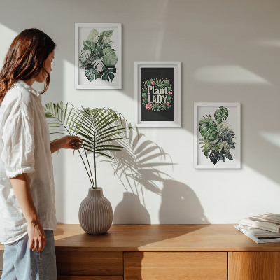 Triptych v ráme Tropické rastliny s nápisom Plant Lady v zelenej farbe