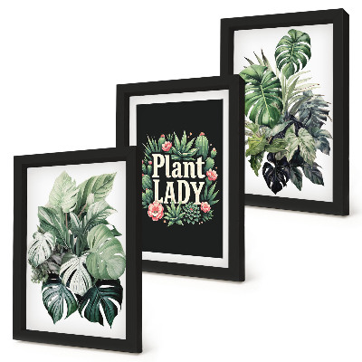 Triptych v ráme Tropické rastliny s nápisom Plant Lady v zelenej farbe