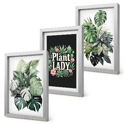 Triptych v ráme Tropické rastliny s nápisom Plant Lady v zelenej farbe