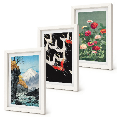 Triptych v ráme Hory s vodopádom, vtáky za letu a farebné kvety