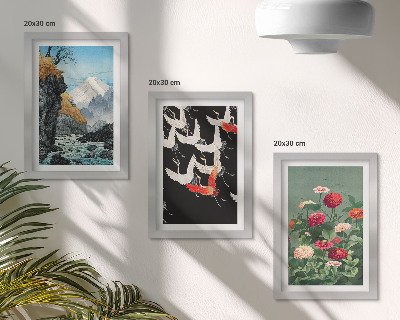 Triptych v ráme Hory s vodopádom, vtáky za letu a farebné kvety