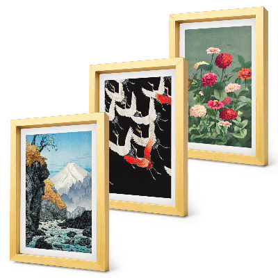 Triptych v ráme Hory s vodopádom, vtáky za letu a farebné kvety