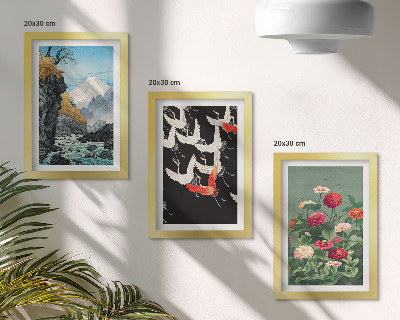 Triptych v ráme Hory s vodopádom, vtáky za letu a farebné kvety