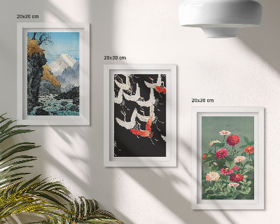 Triptych v ráme Hory s vodopádom, vtáky za letu a farebné kvety