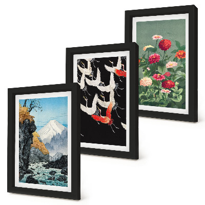 Triptych v ráme Hory s vodopádom, vtáky za letu a farebné kvety