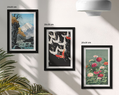 Triptych v ráme Hory s vodopádom, vtáky za letu a farebné kvety