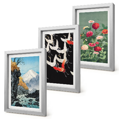 Triptych v ráme Hory s vodopádom, vtáky za letu a farebné kvety