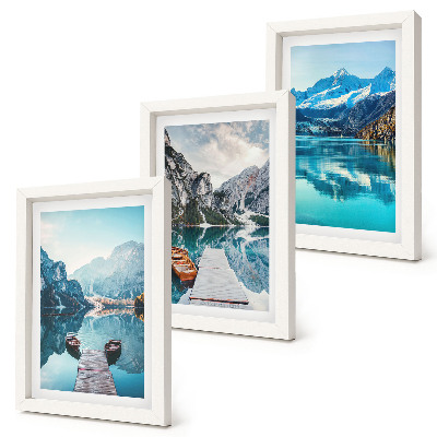 Triptych v ráme Horské jazerá s loďkami a odrazmi vo vode