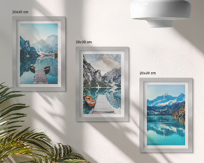 Triptych v ráme Horské jazerá s loďkami a odrazmi vo vode