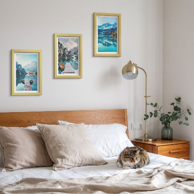 Triptych v ráme Horské jazerá s loďkami a odrazmi vo vode