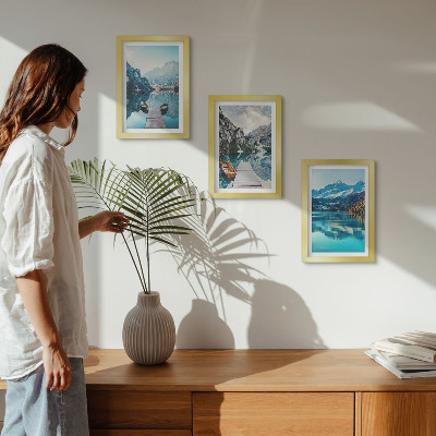 Triptych v ráme Horské jazerá s loďkami a odrazmi vo vode