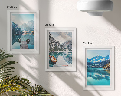 Triptych v ráme Horské jazerá s loďkami a odrazmi vo vode