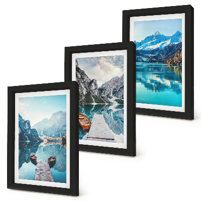 Triptych v ráme Horské jazerá s loďkami a odrazmi vo vode