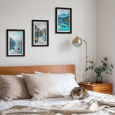 Triptych v ráme Horské jazerá s loďkami a odrazmi vo vode