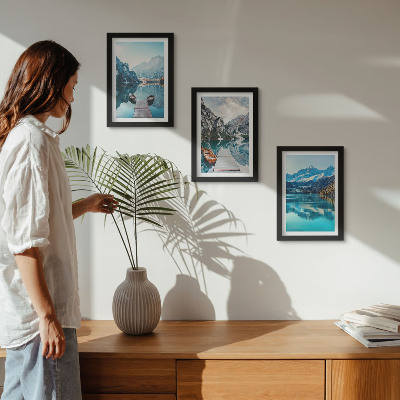 Triptych v ráme Horské jazerá s loďkami a odrazmi vo vode