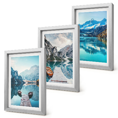 Triptych v ráme Horské jazerá s loďkami a odrazmi vo vode