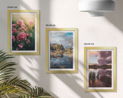 Triptych v ráme Kvety v záhrade, hory a pokojná hladina vody
