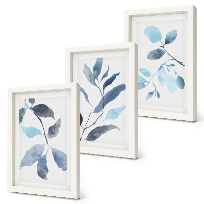 Triptych v ráme Modré listy na svetlom pozadí, akvarelový štýl
