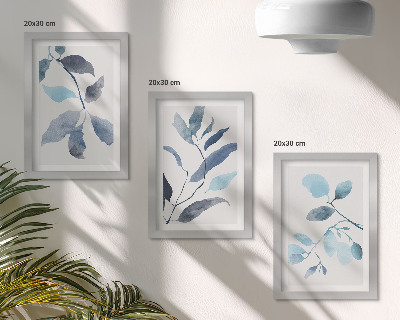 Triptych v ráme Modré listy na svetlom pozadí, akvarelový štýl