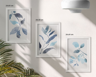 Triptych v ráme Modré listy na svetlom pozadí, akvarelový štýl