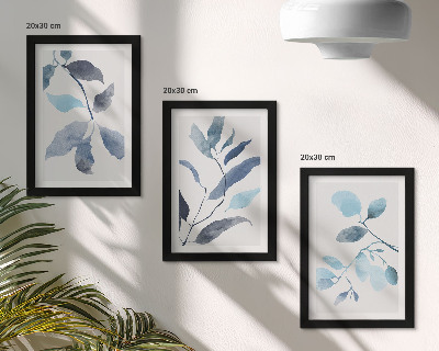 Triptych v ráme Modré listy na svetlom pozadí, akvarelový štýl
