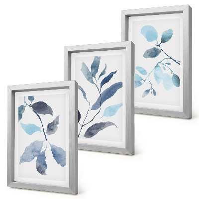 Triptych v ráme Modré listy na svetlom pozadí, akvarelový štýl