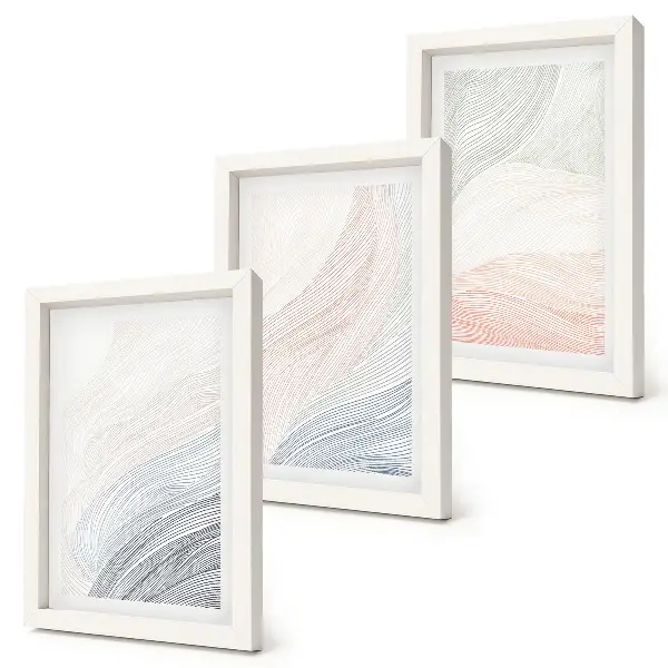Abstraktná maľba vĺn na kartóne v pastelových farbách, triptych v ráme