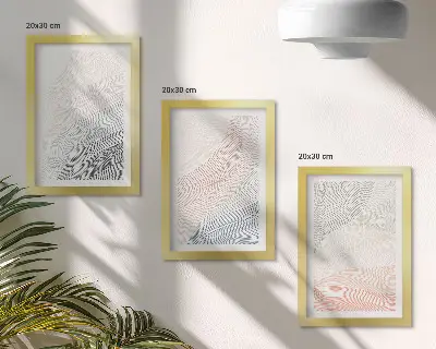 Abstraktná maľba vĺn na kartóne v pastelových farbách, triptych v ráme