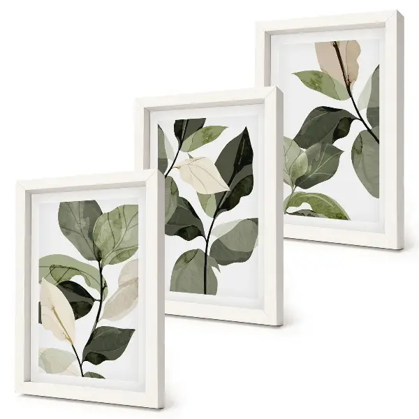Maľované jemné listy rastlín v boho štýle triptych v ráme