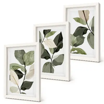 Maľované jemné listy rastlín v boho štýle triptych v ráme