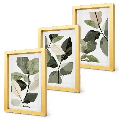 Maľované jemné listy rastlín v boho štýle triptych v ráme