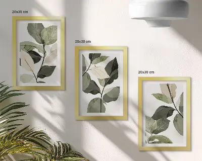 Maľované jemné listy rastlín v boho štýle triptych v ráme