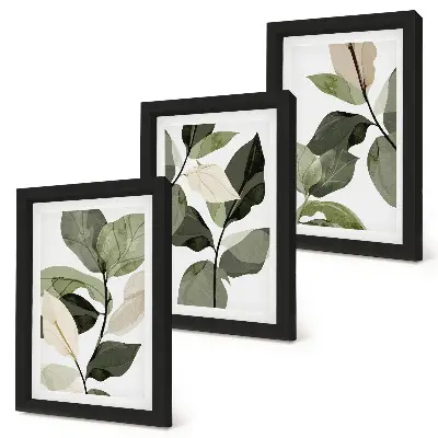 Maľované jemné listy rastlín v boho štýle triptych v ráme