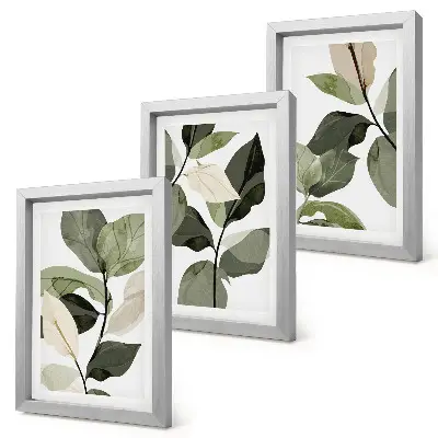 Maľované jemné listy rastlín v boho štýle triptych v ráme