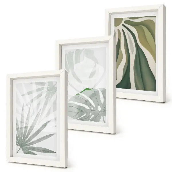 Listy rastlín v odtieňoch zelenej a sivej triptych v ráme