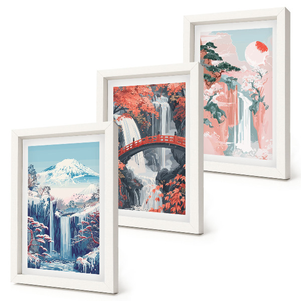 Triptych v ráme Vodopády v horách s mostom a kvitnúcimi stromami