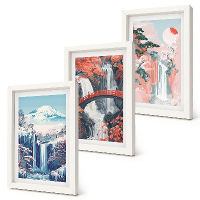 Triptych v ráme Vodopády v horách s mostom a kvitnúcimi stromami