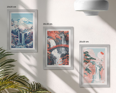 Triptych v ráme Vodopády v horách s mostom a kvitnúcimi stromami