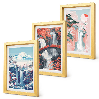 Triptych v ráme Vodopády v horách s mostom a kvitnúcimi stromami
