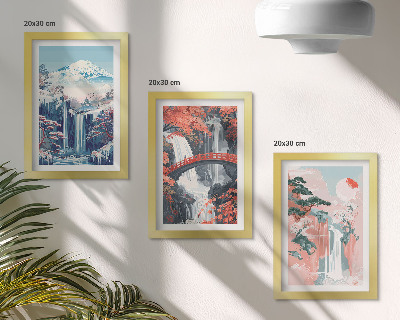 Triptych v ráme Vodopády v horách s mostom a kvitnúcimi stromami