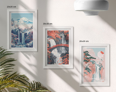 Triptych v ráme Vodopády v horách s mostom a kvitnúcimi stromami