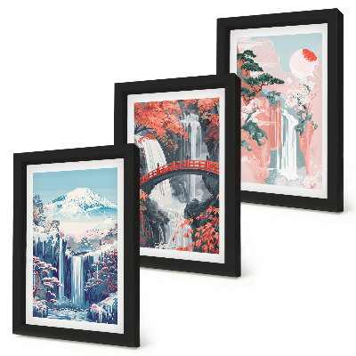 Triptych v ráme Vodopády v horách s mostom a kvitnúcimi stromami