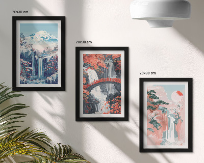 Triptych v ráme Vodopády v horách s mostom a kvitnúcimi stromami
