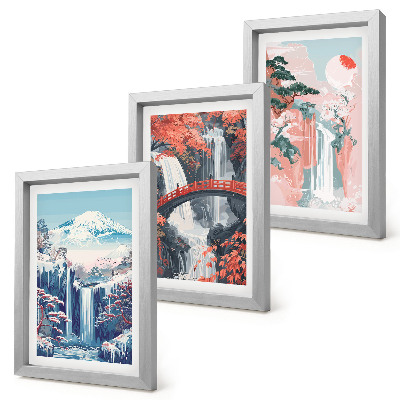 Triptych v ráme Vodopády v horách s mostom a kvitnúcimi stromami