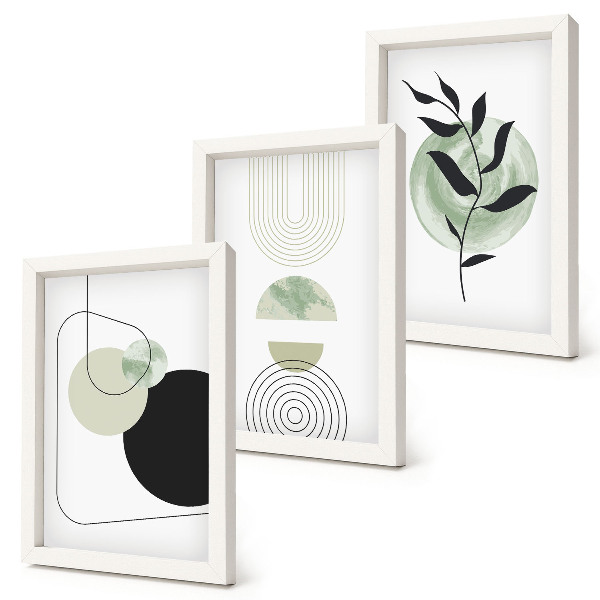 Triptych v ráme Abstraktné tvary a rastlinné motívy v zelenej farbe