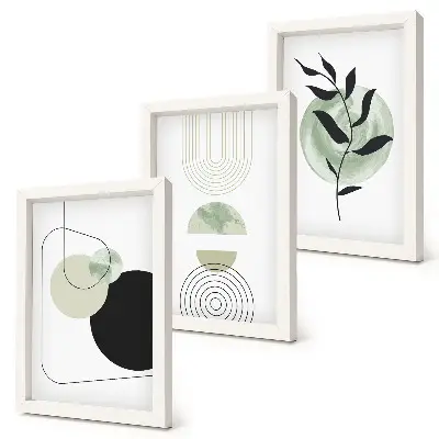 Abstraktné tvary a rastlinné motívy v zelenej farbe triptych v ráme