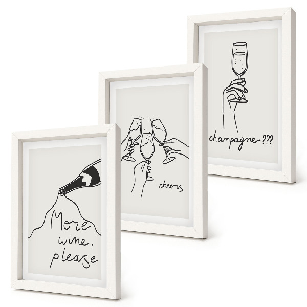 Triptych v ráme Radostné chvíle s perokresbou vína a šampanského
