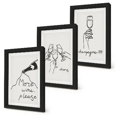 Radostné chvíle s perokresbou vína a šampanského triptych v ráme
